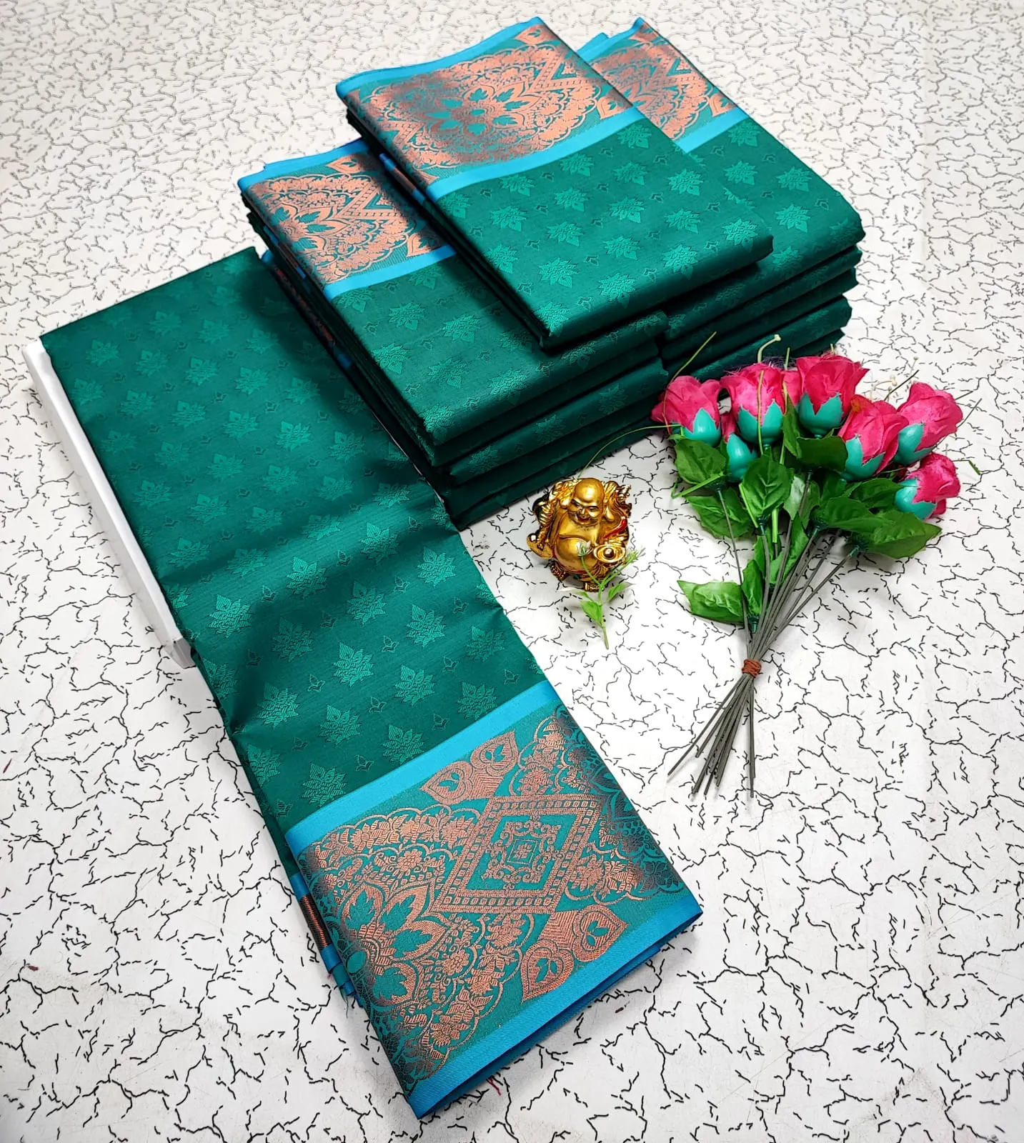 Peacock Green with Sky Blue Border Copper Zari Soft Silk Saree